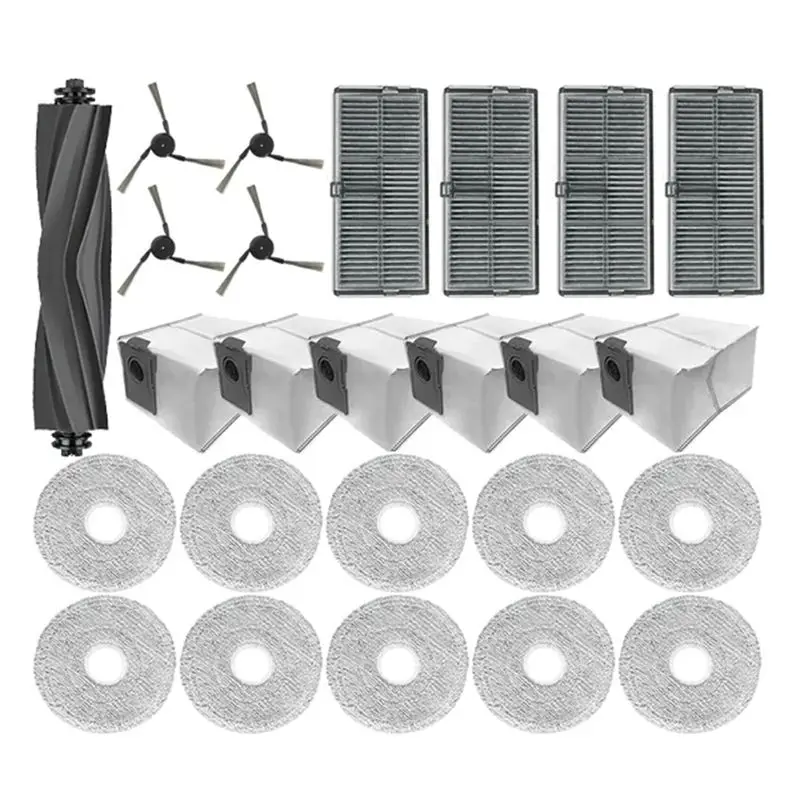 

Запасные части и аксессуары ABMH для Dreame X40 Master: основная и боковые щетки, HEPA-фильтр, салфетки для влажной уборки, мешки для сбора пыли.