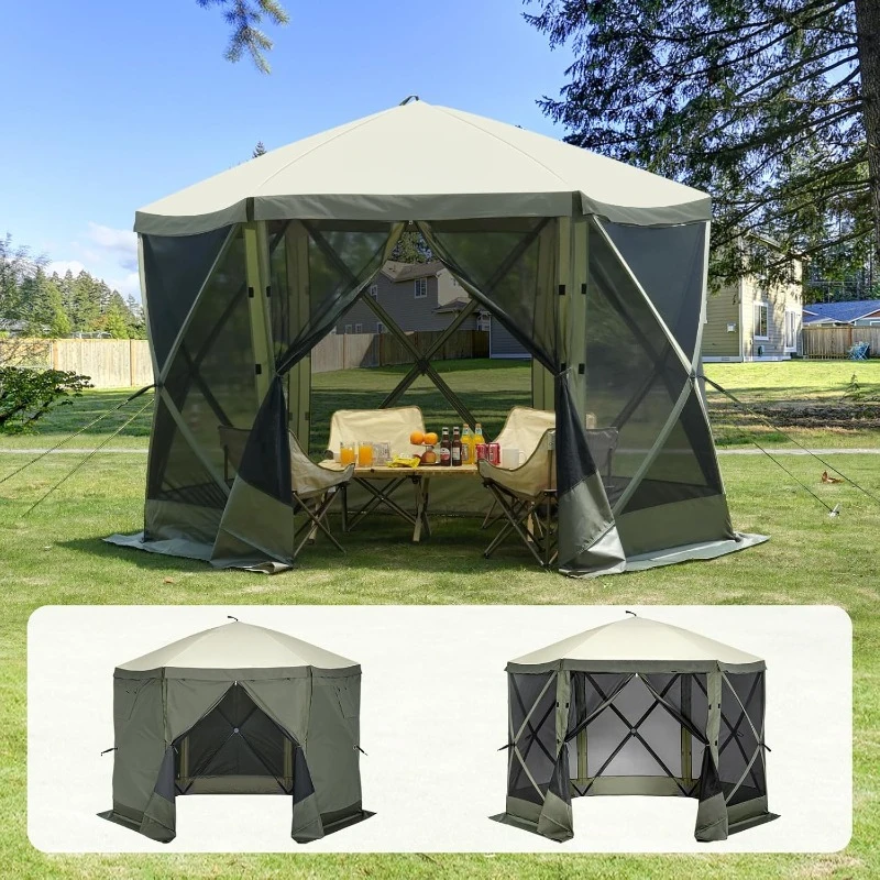 Pop-up Gazebo Screen Tent 6-Sided Canopy Sunshade with 6 Removable Privacy Wind Screens and Mesh Windows Army Green