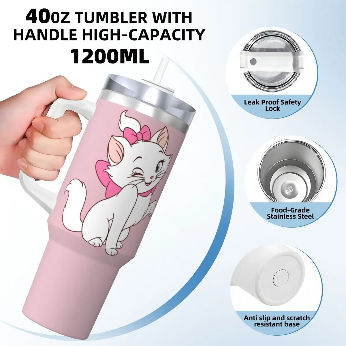 Cartoon Pink Marie Cat Stainless Steel Tumbler Kawaii Thermal Cups With Straws and Lid 40oz Car Mugs Cold Drink Water Bottle