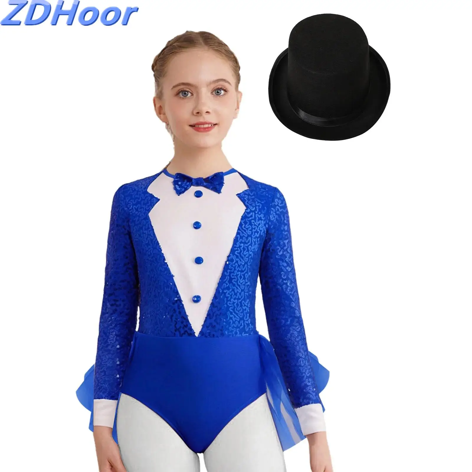 

Kids Girls Magician Jazz Leotard Outfit Back Invisible Zipper Sparkly Sequins Color Block Bodice Tulle Skirted Leotard with Hat