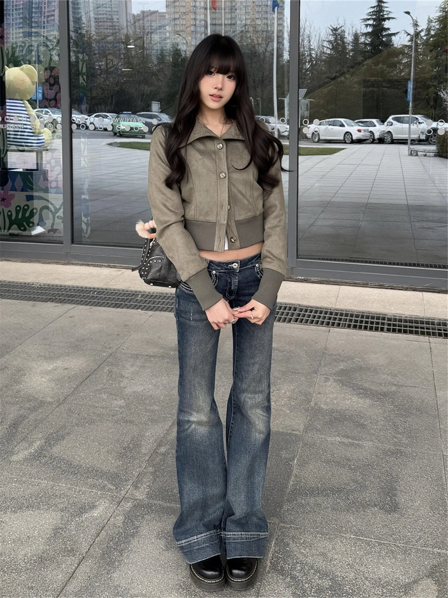 

Deep Blue Low Waist Bell Bottom Jeans Women's Street Style Spring Slimming Long Leggings Cotton Soft Comfortable Jeans