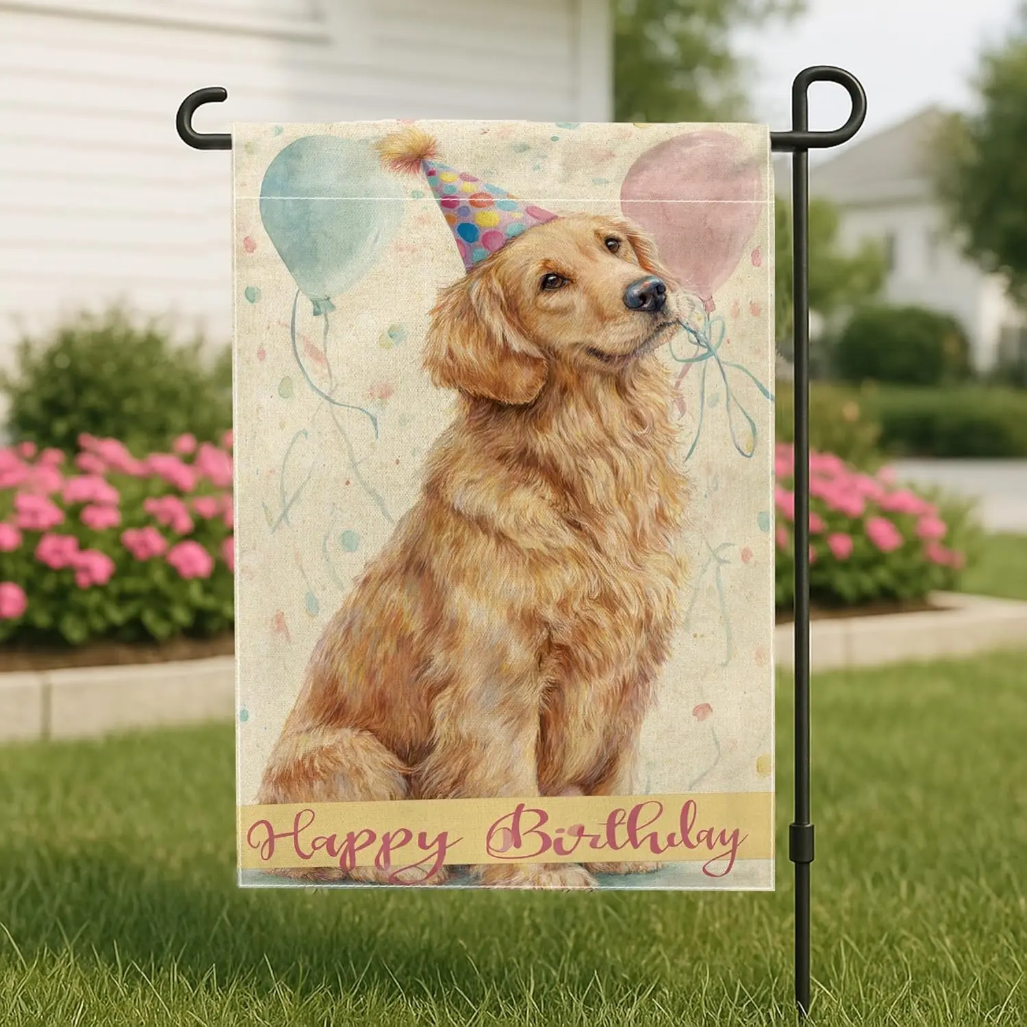 Dog Garden Flag, Birthday Fanciful Balloons Party Hat Birthday Gold Double Sided Burlap Small Garden Yard Flag for Outdoor P ZZM