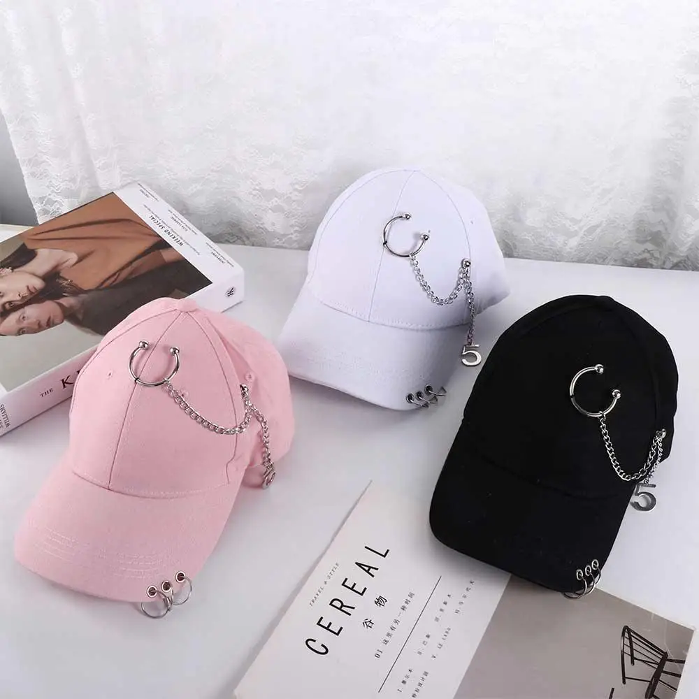 

Punk Adjustable Casual Girls Chain Sports Cotton Male Snapback Hats Visors Cap With Ring Baseball Cap