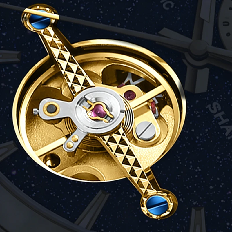 SHANGHAI Watch 42mm Flywheel Mechanical Watches Day Night Dial Multifunction Skeletonized Luxury Men's Automatic Wristwatch 22RE