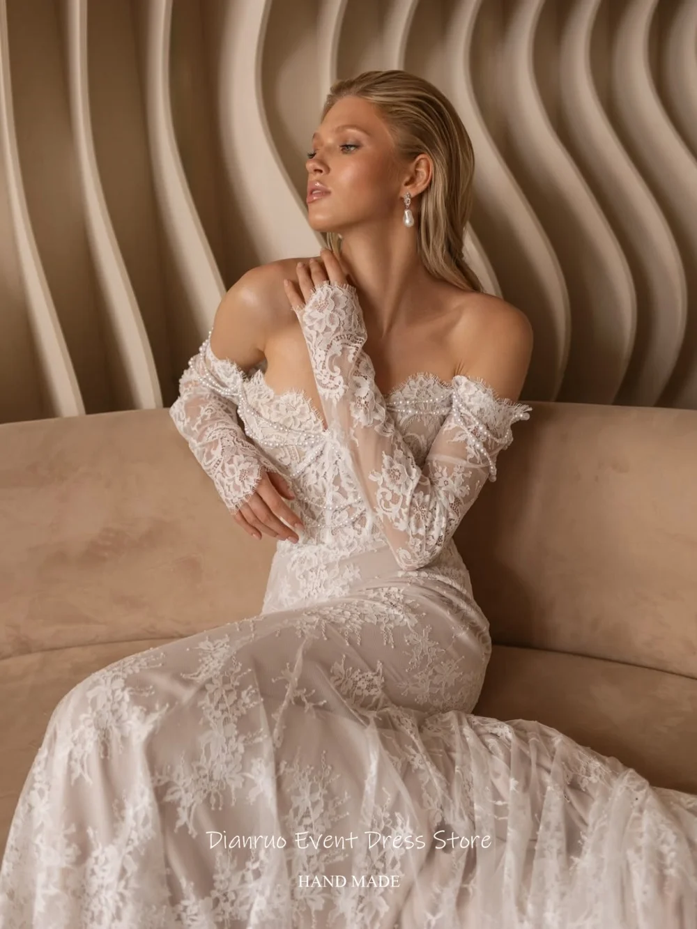 Dianruo Luxury Pearls Chain Sweetheart Wedding Dress Lace Mermaid Vestido Novia Off Shoulder Handmade Robe De Mariée Customized