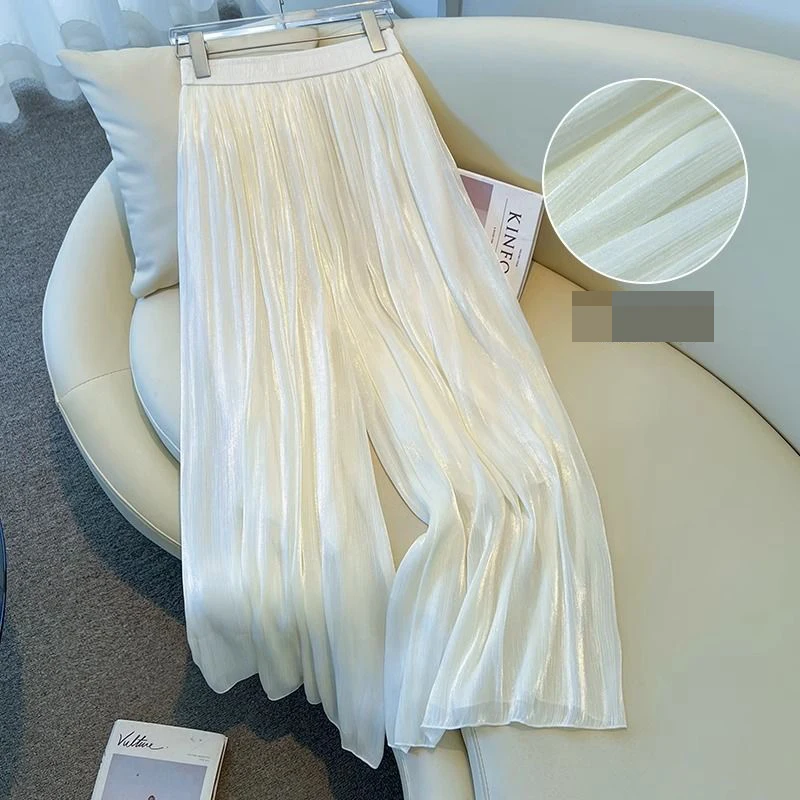 

Streamer yarn wide-leg pants white glazed sparkling 2025 women's nine-point summer trousers skirt thin nine-point tube pants