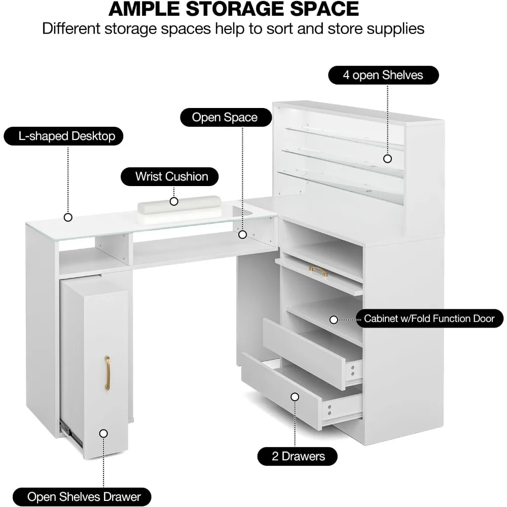 طاولة مانيكير مع ضوء LED، طاولة تكنولوجيا الأظافر على شكل حرف L مع رفوف تخزين، باب الخزانة لأعلى، وقاعدة أظافر الزاوية #4