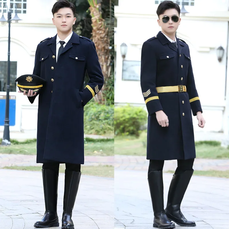 航空会社キャプテンウールオーバーコート男性パイロット厚いプロパティセキュリティ冬服ウール年次総会パフォーマンストレンチコート