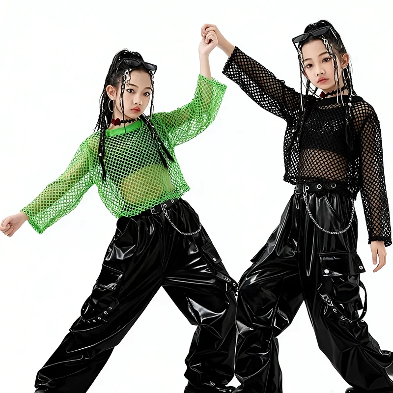 

Children Hip Hop Dance Sets K-pop Mesh Top Street Dance Leather Pants Kids Streetwear Youth Jazz Costume Teenager Group Clothes