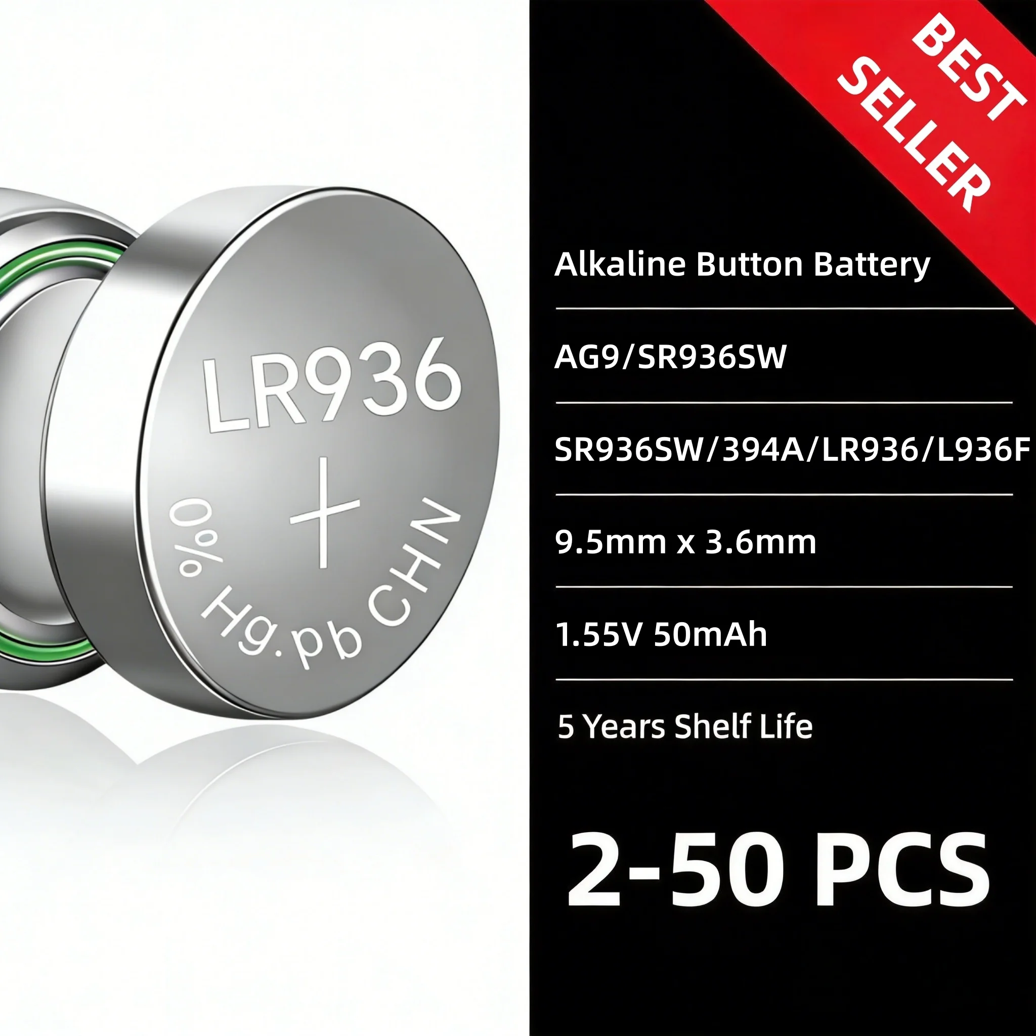 

2-50PCS AG9 1.55V 50mAh Button Battery LR936 394 SR936SW CX194 LR45 G9A 194 394A SR936 L936F Coin Cell for Watch Toys Remote
