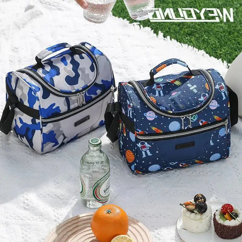 New Printed Oxford Fabric Insulated Lunch Bag Waterproof Bento Tote Portable Crossbody Large Capacity Student Handbag