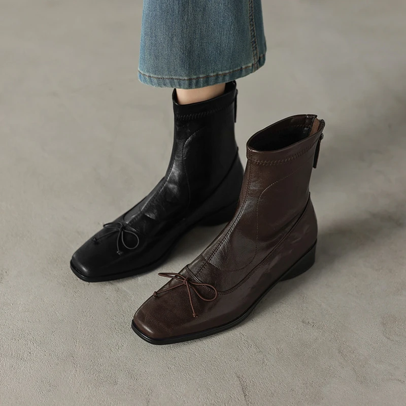 여성용 새 가죽 양가죽 보우 스퀘어 토와 종아리 중간 굽 지퍼 탄성 부츠 슬림 부츠 복고풍 패션 숏부츠