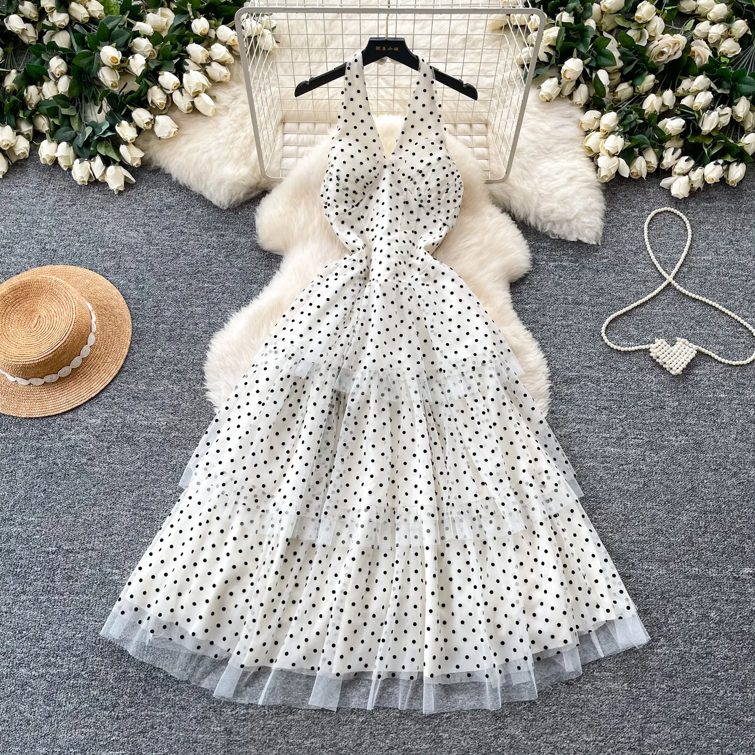 

Женское длинное платье Cake Dress, А-силуэт, Y2K, уличный стиль, с лямкой через шею, без рукавов, элегантное, с открытой спиной, с принтом в горошек, для вечеринок, ночных мероприятий и работы, 2026