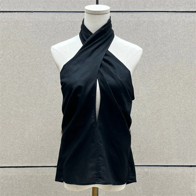 Women's vest New cross neck slim fit sleeveless top for summer 2026 Linen blend backless women's corset tanks top y2k t-shirt