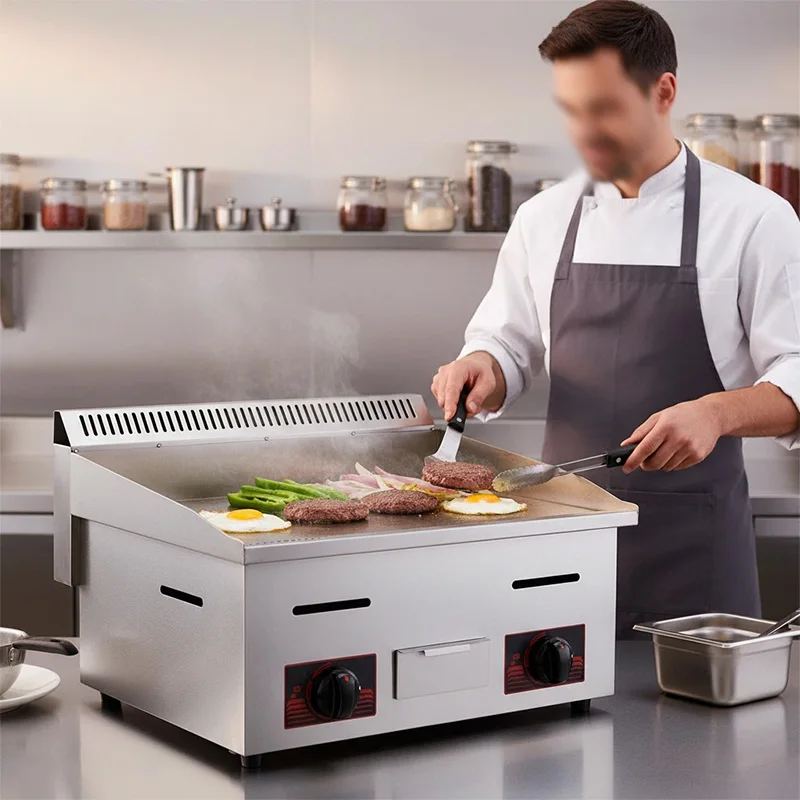 

Commercial Gas Griddle Stove Stainless Steel Double Burner Even Heating Fast Warming for Street Food Stall Restaurant Kitchen