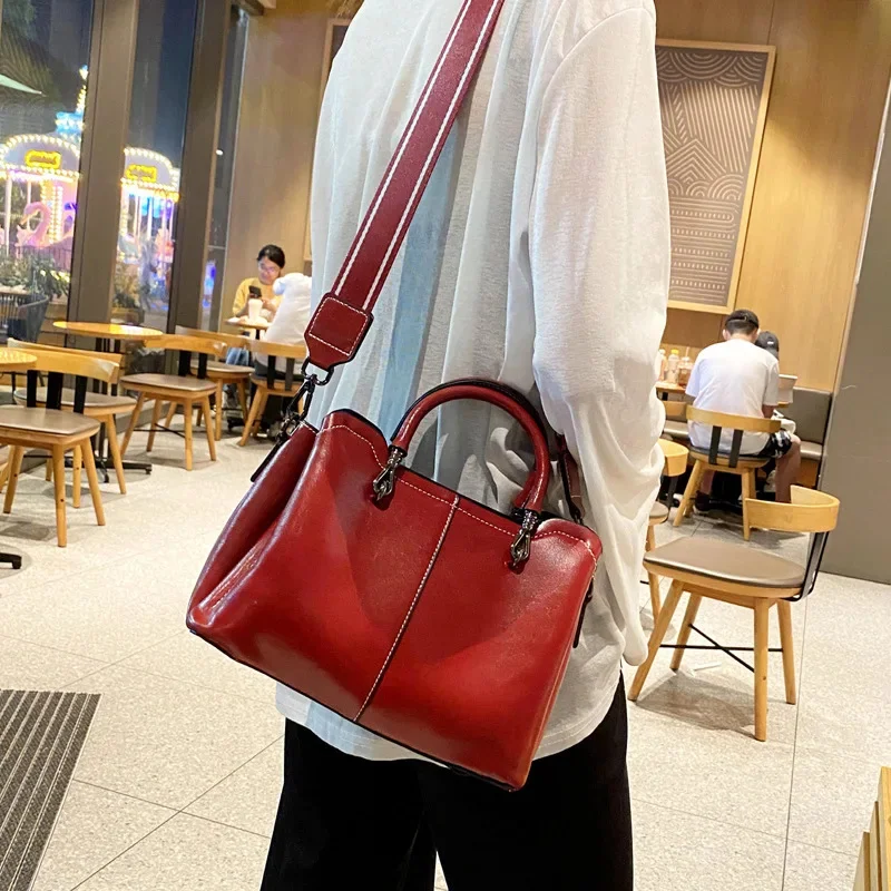 Bolso de mano de cuero genuino de estilo europeo americano para mujer, bolso de mano de cuero de vaca de lujo para mujer, bolso de mensajero de hombro Vintage para mujer