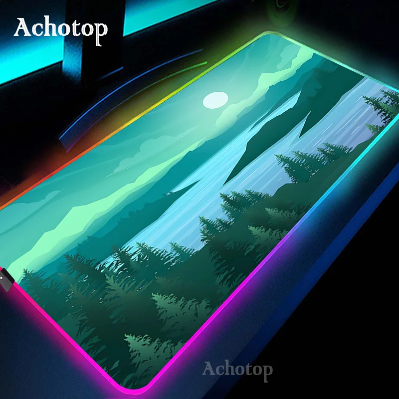 Fantasy Forest Green Landscape Tree Mouse Pad RGB Light Gaming XXL Custom Home Mousepad Gamer Keyboard Pad LED Backlit Mouse Mat