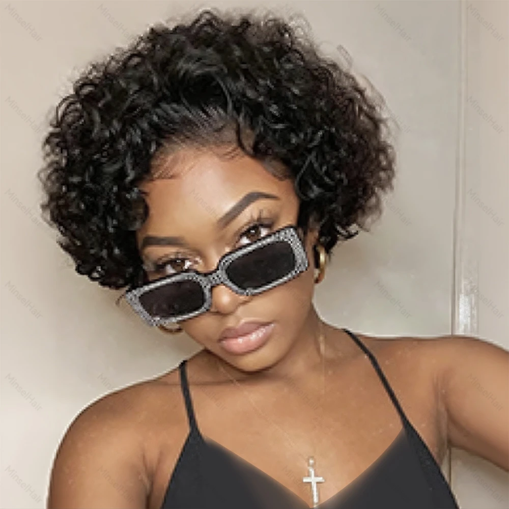 Peluca Frontal de encaje HD 13x1, pelucas rizadas con corte Pixes, cabello humano hinchable, 180% de densidad, 6 pulgadas, pelucas cortas rizadas prearrancadas de moda