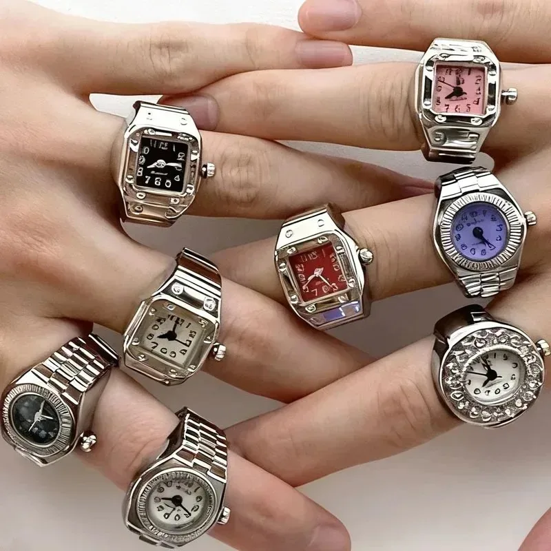 Vintage 80s Punk Watch Ring Y2K Cool Quartz Finger Watch Unisex Elastic Design Fashion Jewelry Women Men Couples Accessory