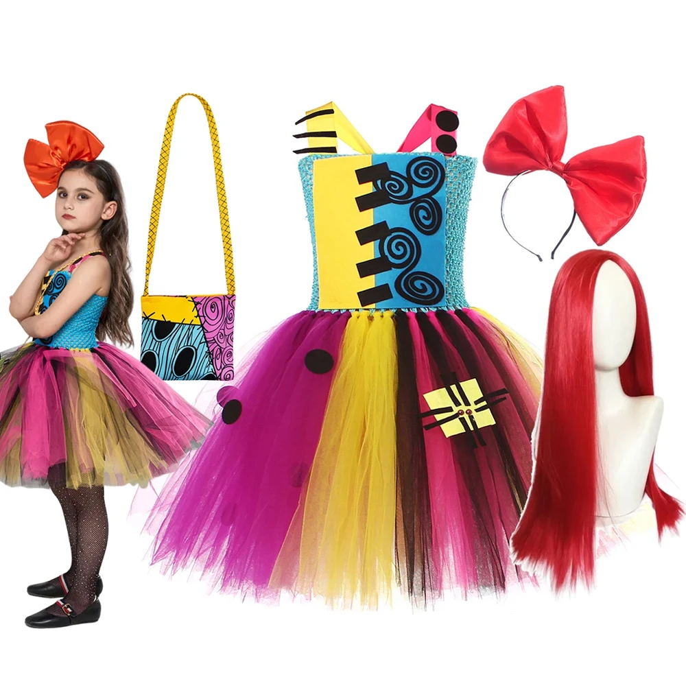 Nightmare Before Xmas Sally Costumes for Girls Halloween Scary Fancy Dresses for Kids Carnival Party Disguise Tutus Outfits