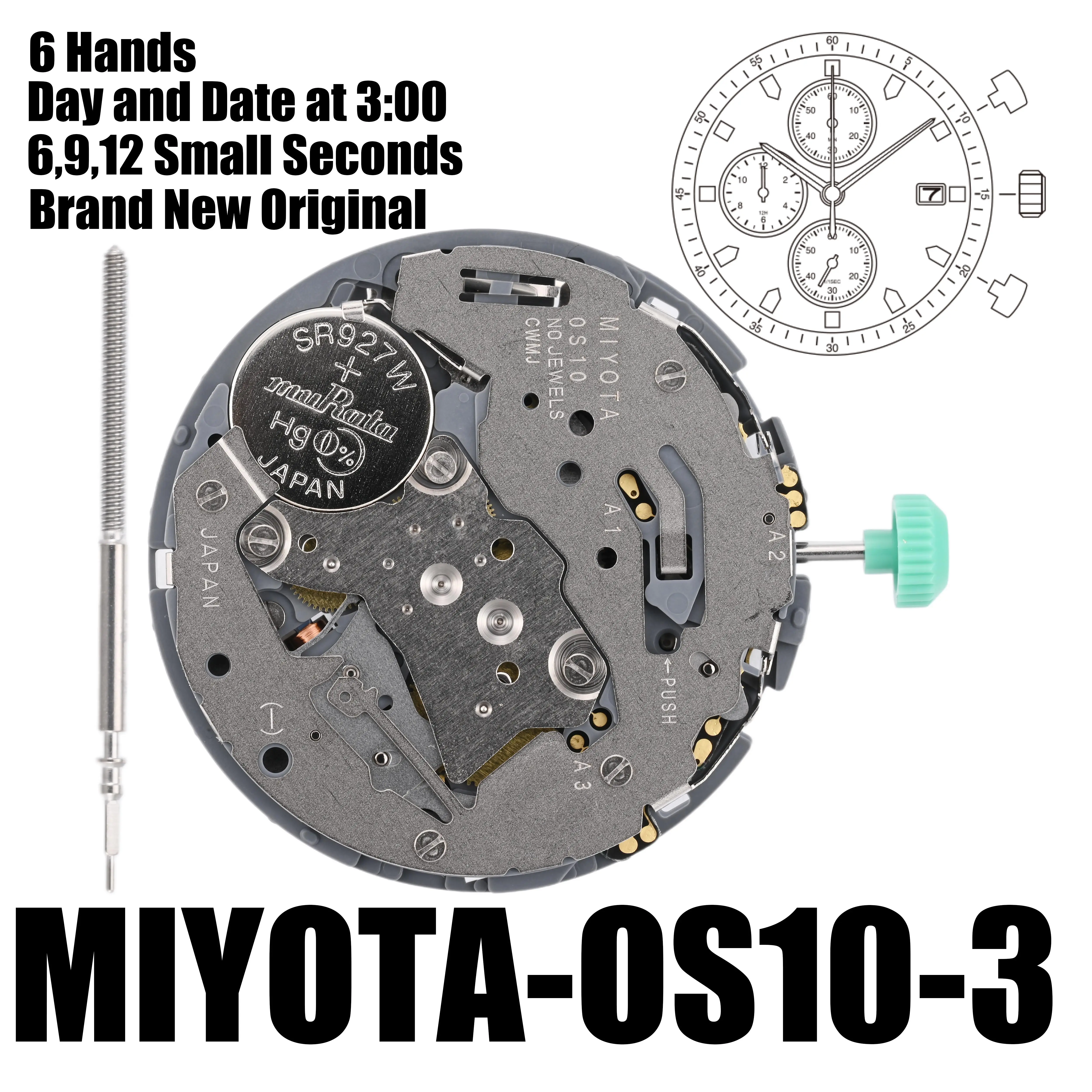 Brand New Orginal 0S10 Movement Genuine Miyota 0S10 Movement 6 Hands Date display at 3:00 Size:13 1/2''' Heigh:4.13mm