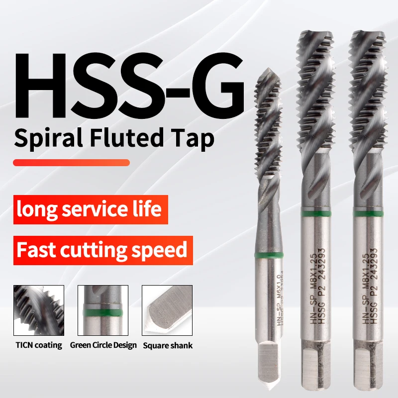 GULING 1PCS HSS-G JIS Standard Green Ring Spiral Fluted Tap M3 M4 M5 M6 M8 M10 M12 Machine Screw Thread Taps For Steel