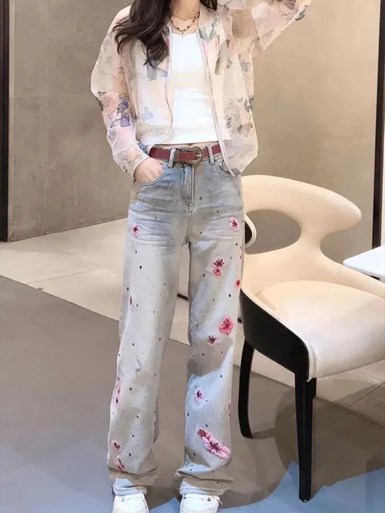 

Джинсы с цветочной вышивкой, женские прямые брюки с высокой талией, популярные новые облегающие универсальные и персонализированные джинсы