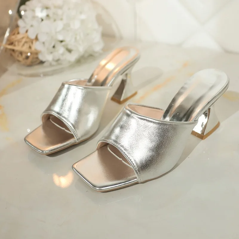 

Summer Womes Pumps Designer Square Toe High Heeled Sandals Summer Open-toe High Heels Slipper Elegant Street Style Dress Slides