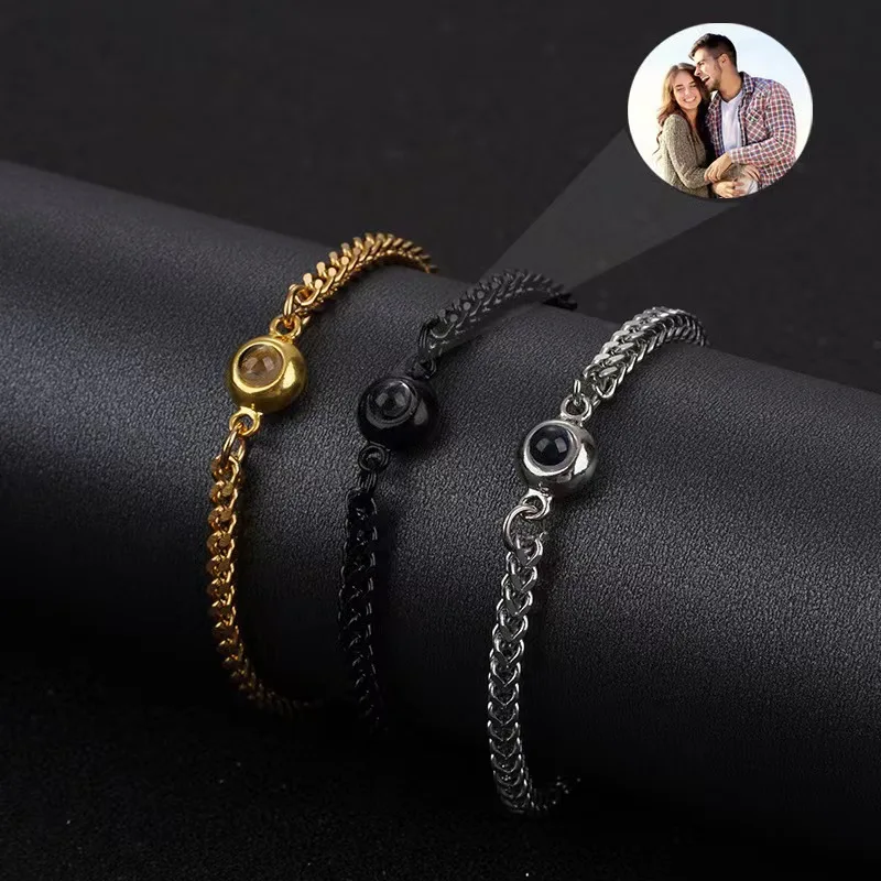 

Men Jewelry Custom Photo Projection Bracelet Snake Bone Stainless Steel Chain Picture Inside Hip Hop Bangle Valentine's Day Gift