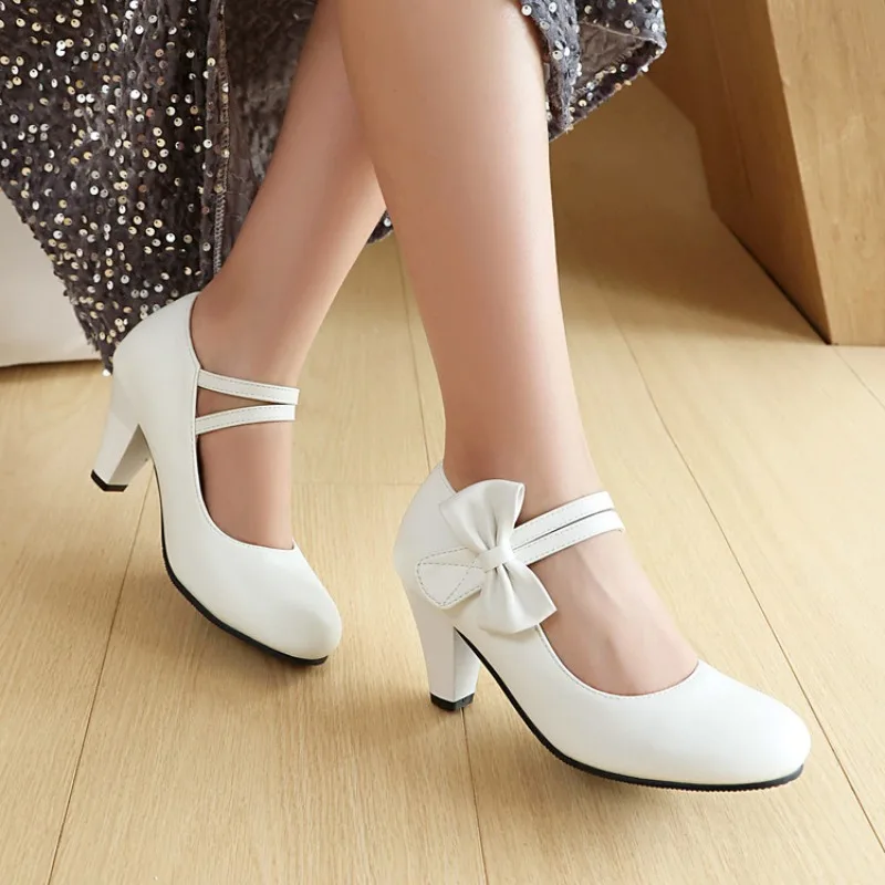 2026 New Spring/autumn Women's Square Heel High Heels with Shallow Bow Design Round Toe Shoes Size 32-48