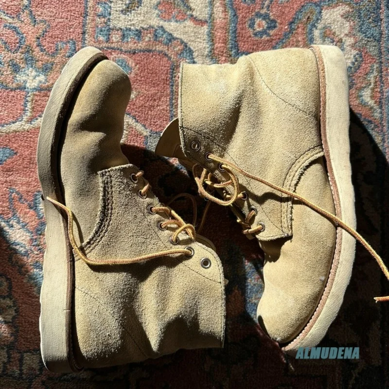 Beige Faux Suede Lace-Up Work Boots Men's Round Toe Vintage Style Non-Slip Outdoor Casual Comfortable Hiking Ankle Boots view 3
