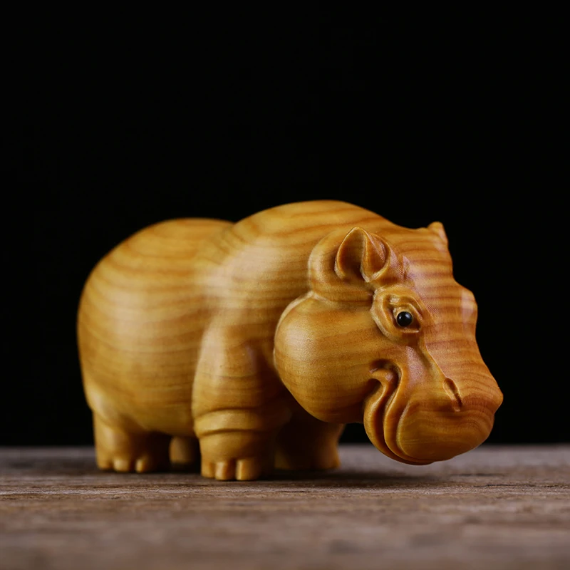 Rhinoceros Elephant Hippopotamus African Animal Statue Boxwood Carving Handmade Figurines Animal Sculpture Ornaments Collection