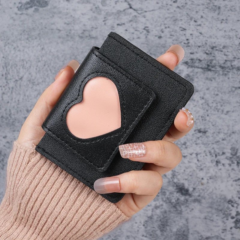 Women's small heart card bag button folding mini card sleeve