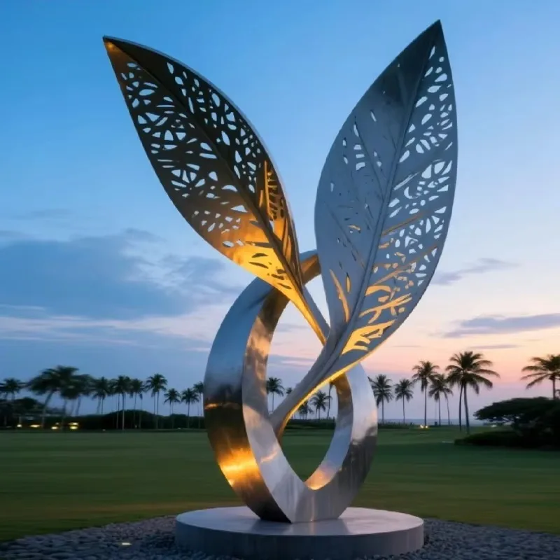 LED Glowing Hollow Leaf Ring Stainless Steel Sculpture Mirror Polished Custom Luxury Decor Outdoor Modern City Square Landscape