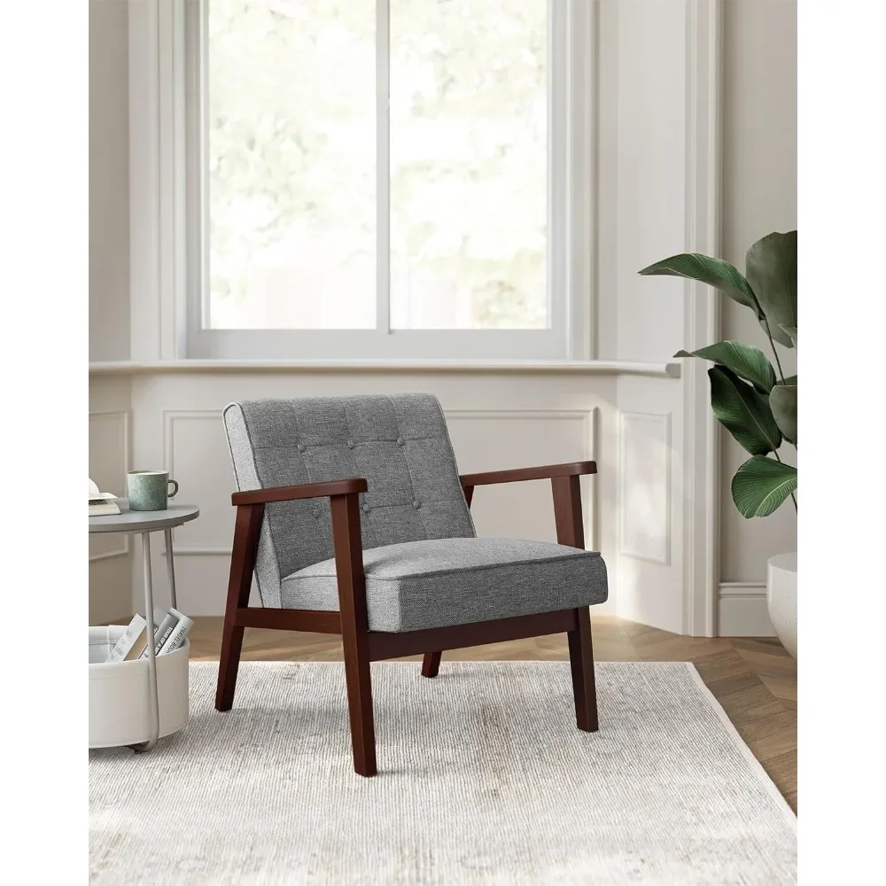 

Living room chair, mid-century modern, with solid wood armrests and legs, Living room bedroom with upholstered sofa, light grey