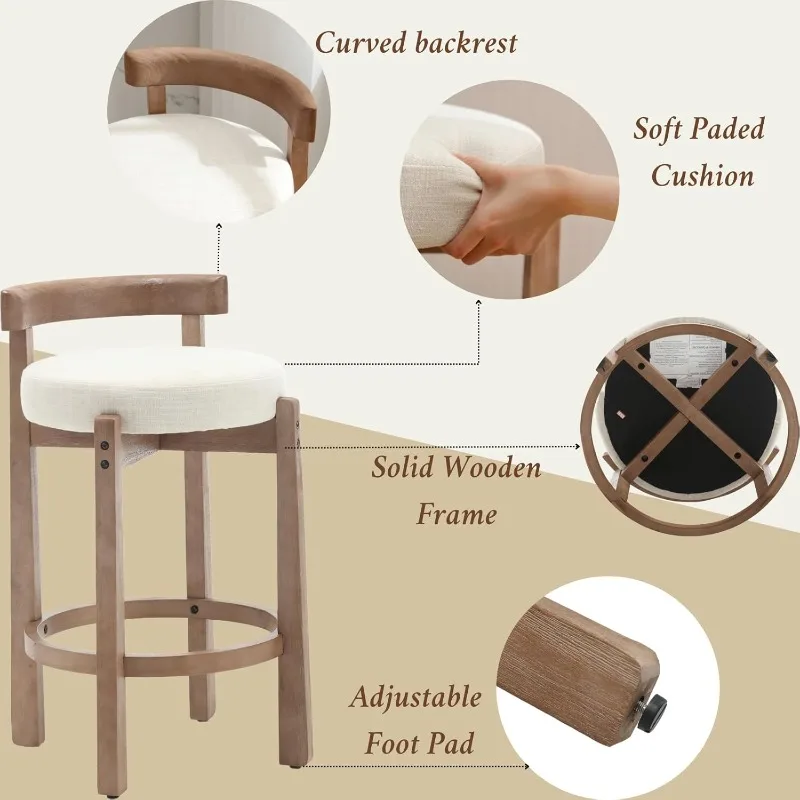 Mid-Century Bar Stools Set of 2, 26.5 Inch Linen Counter Height Upholstered Barstools Bar Chairs with Solid Wooden Legs for Kitc #4