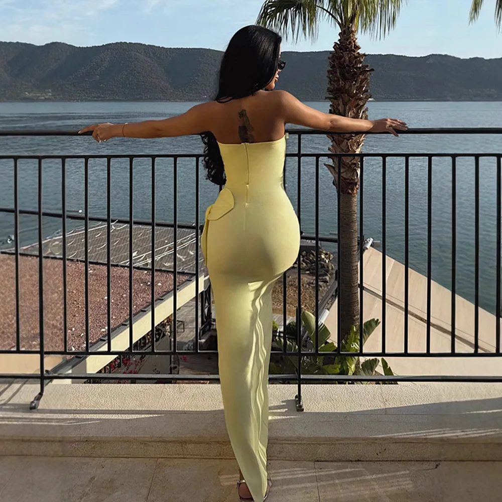 Woman Dress High-end With Chest Pads Green Dress Waist Three-dimensional Flower Design Beach Dress Elegant Evening Dress