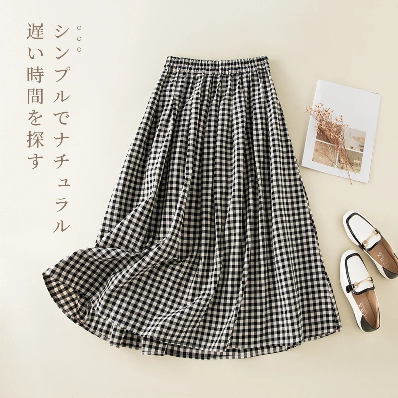 Slimming High Waist A-Line Midi Skirt Black White Checkered Cotton Linen Floor Length Bell Bottoms Japanese Style Half-length...