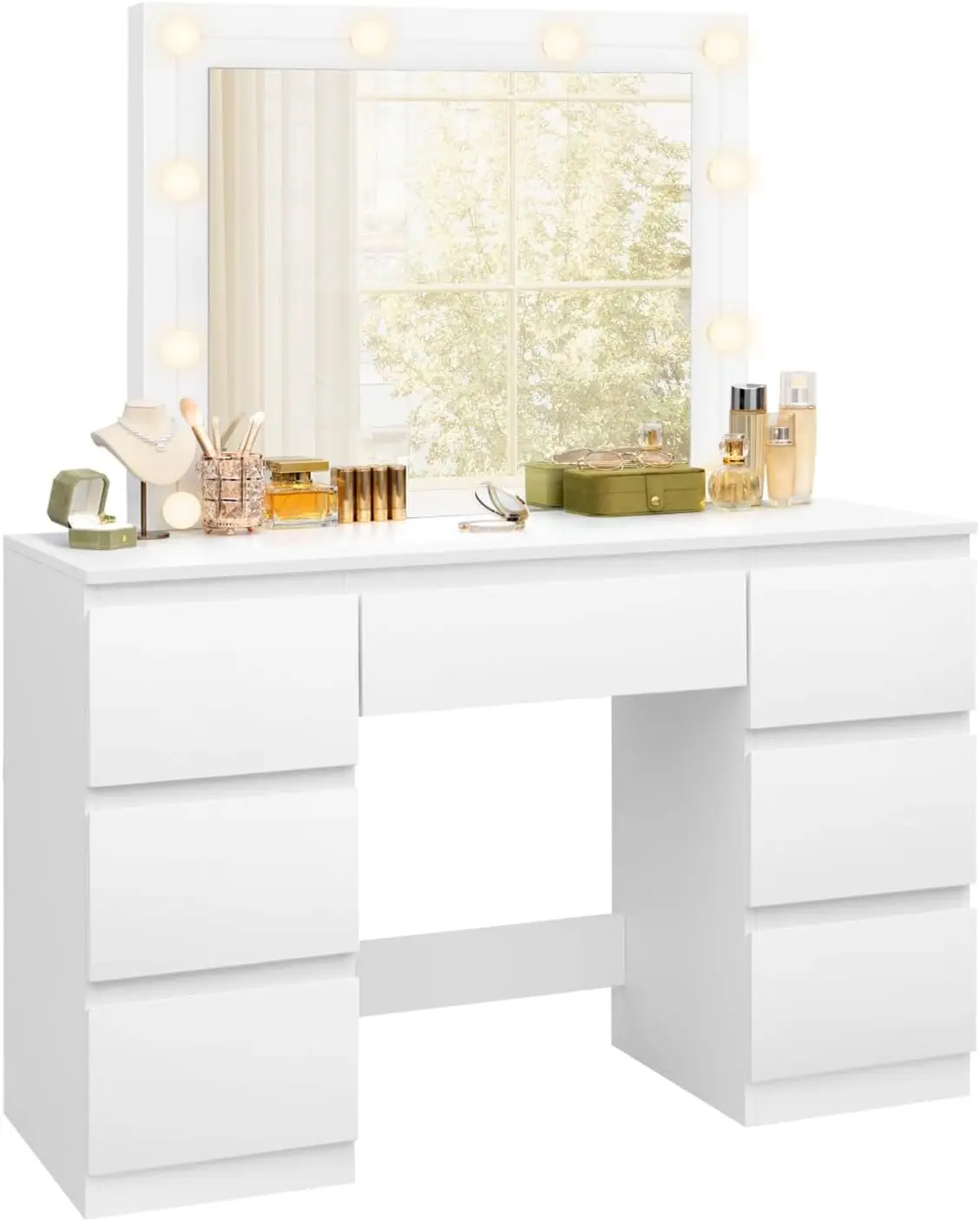 طاولة تزيين WOLTU مع مكتب مكياج بإضاءة LED قابل للتعديل مع 7 أدراج وطاولة زينة بمرآة كبيرة وخزانة غرفة النوم الحديثة