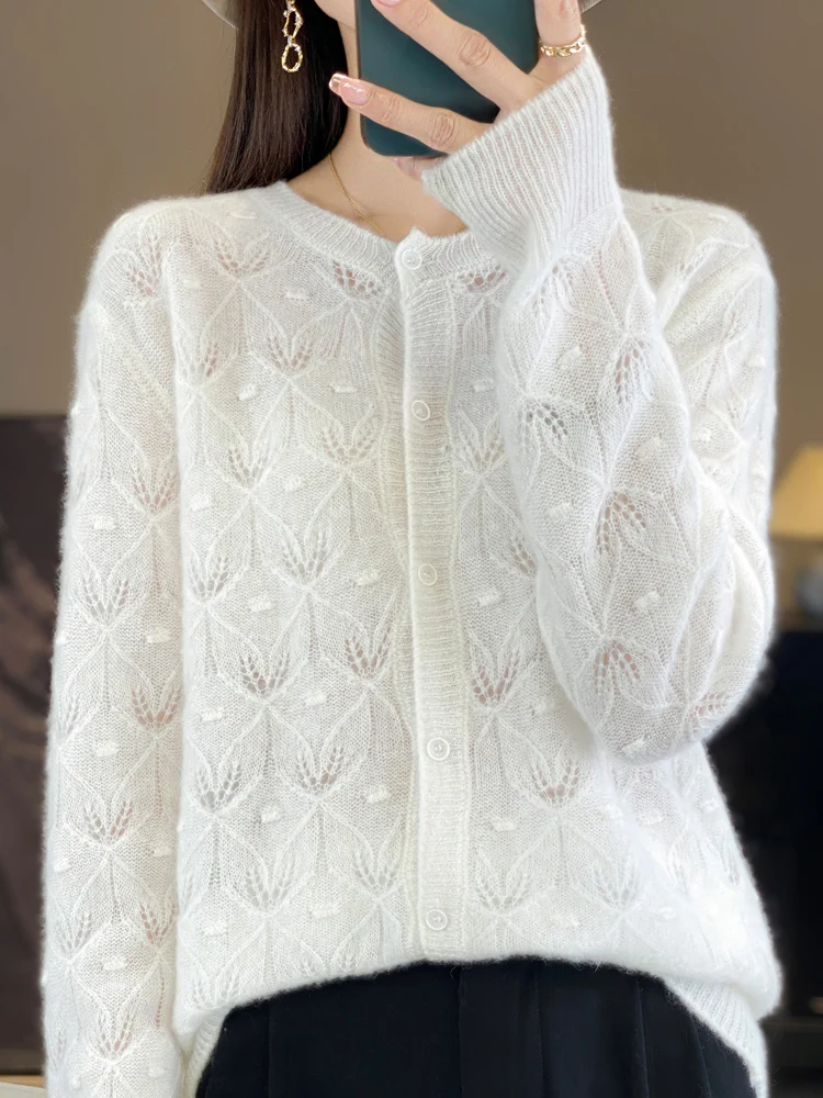 Women Sweater 100% Merino Wool Cardigans O-neck Hollow Out Cashmere Soft Long Sleeve Knitwear Spring Autumn Female Clothing Tops