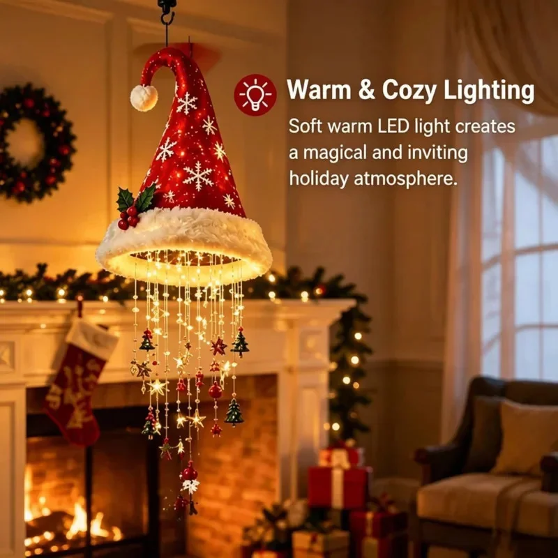 Santa Hat LED Pendant Lamp Christmas Hanging Light With Snowflake Star Gift Ornaments Warm White Glow Indoor Holiday Home Decor - view 3