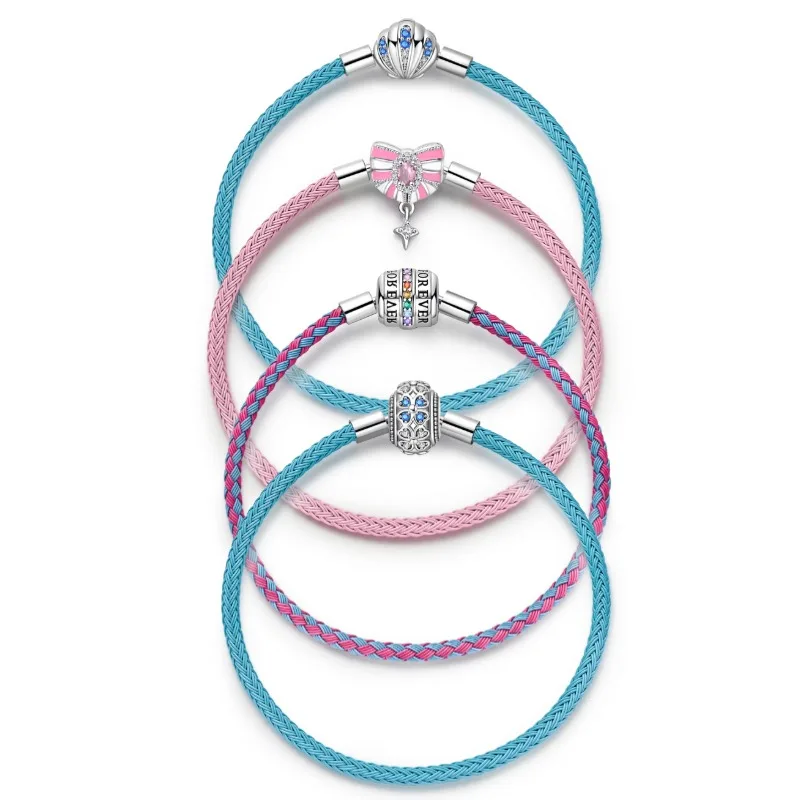 Brand new 925 silver powder heart-shaped leather rope woven basic chain, suitable for personalized jewelry design women