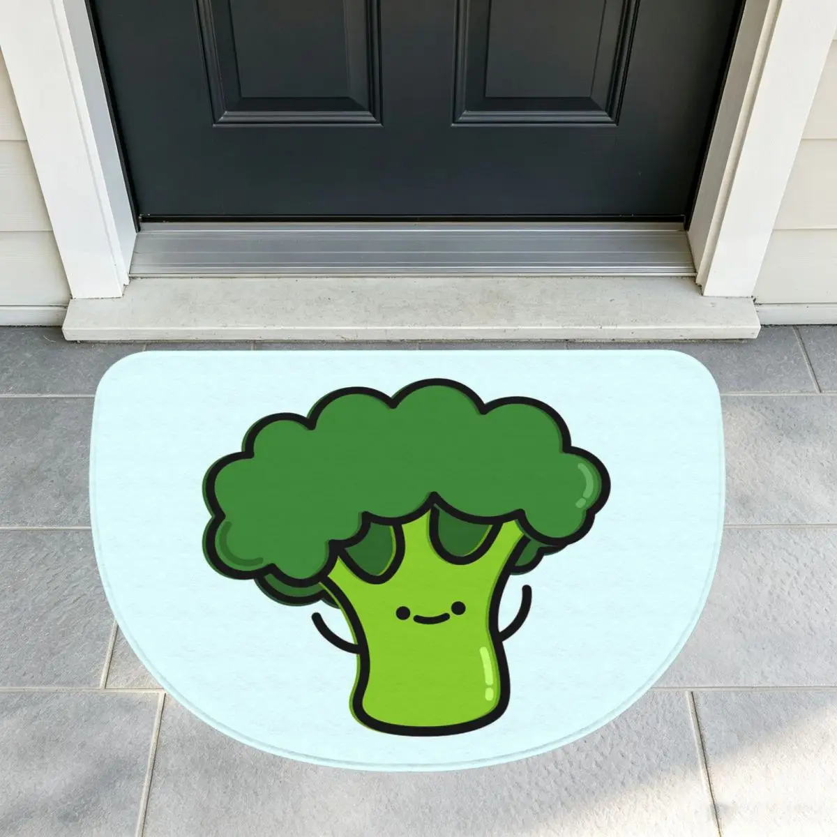 Cute Broccoli Soft Flannel Half Round Doormat Non Slip Bathroom Mat Absorbent Floor Carpet for Garage