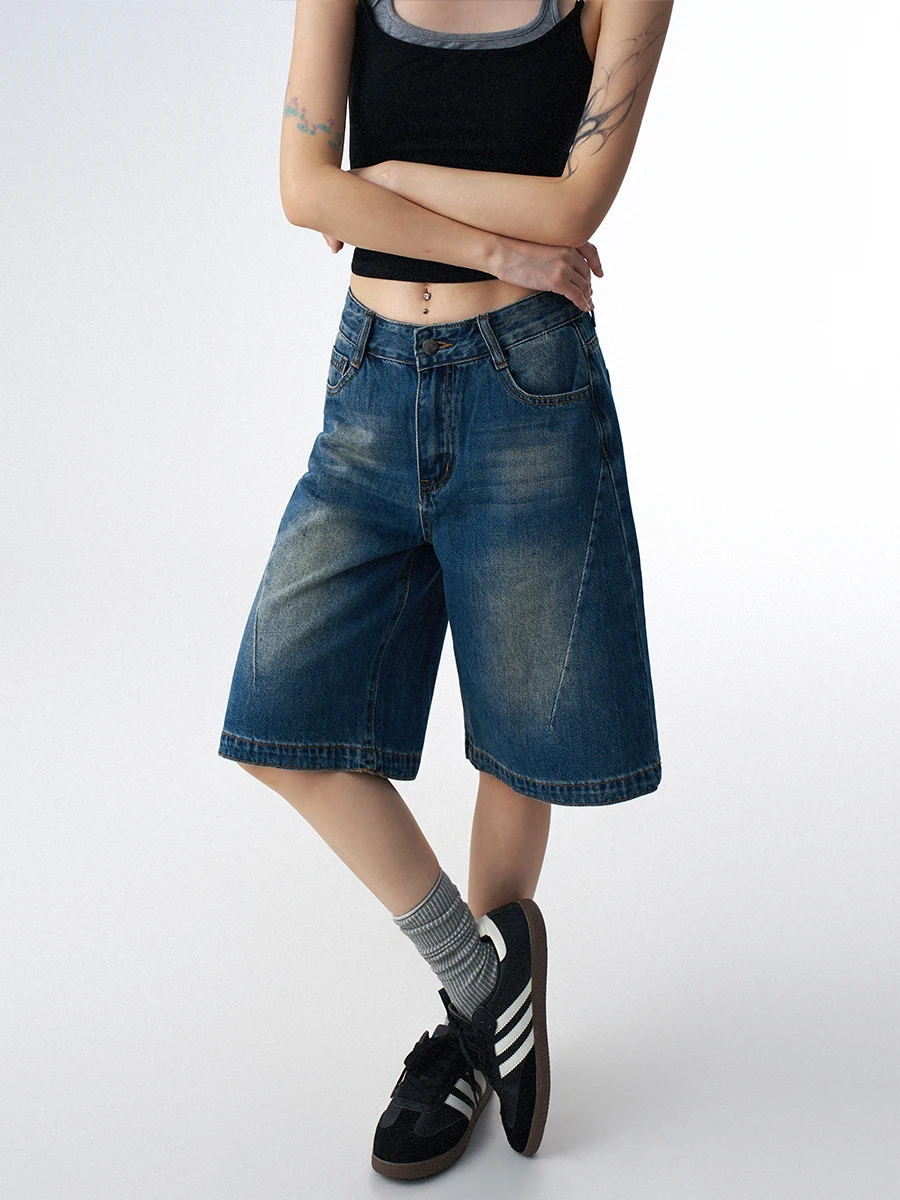 ZHISILAO 새로운 클래식 무릎 길이 데님 반바지 여성 빈티지 캐주얼 청바지 반바지 여름 2025 streetwear