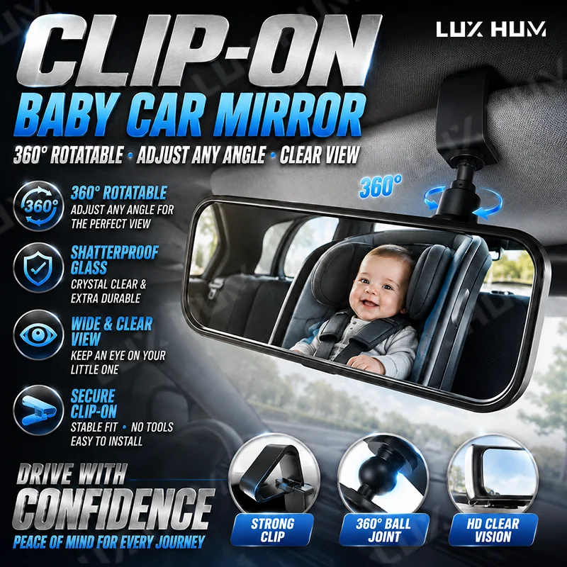 Clip-On Baby Car Mirror 360 Rotatable Rear Seat Safety Observation Mirror Shatterproof Wide HD View Auto Interior Accessories