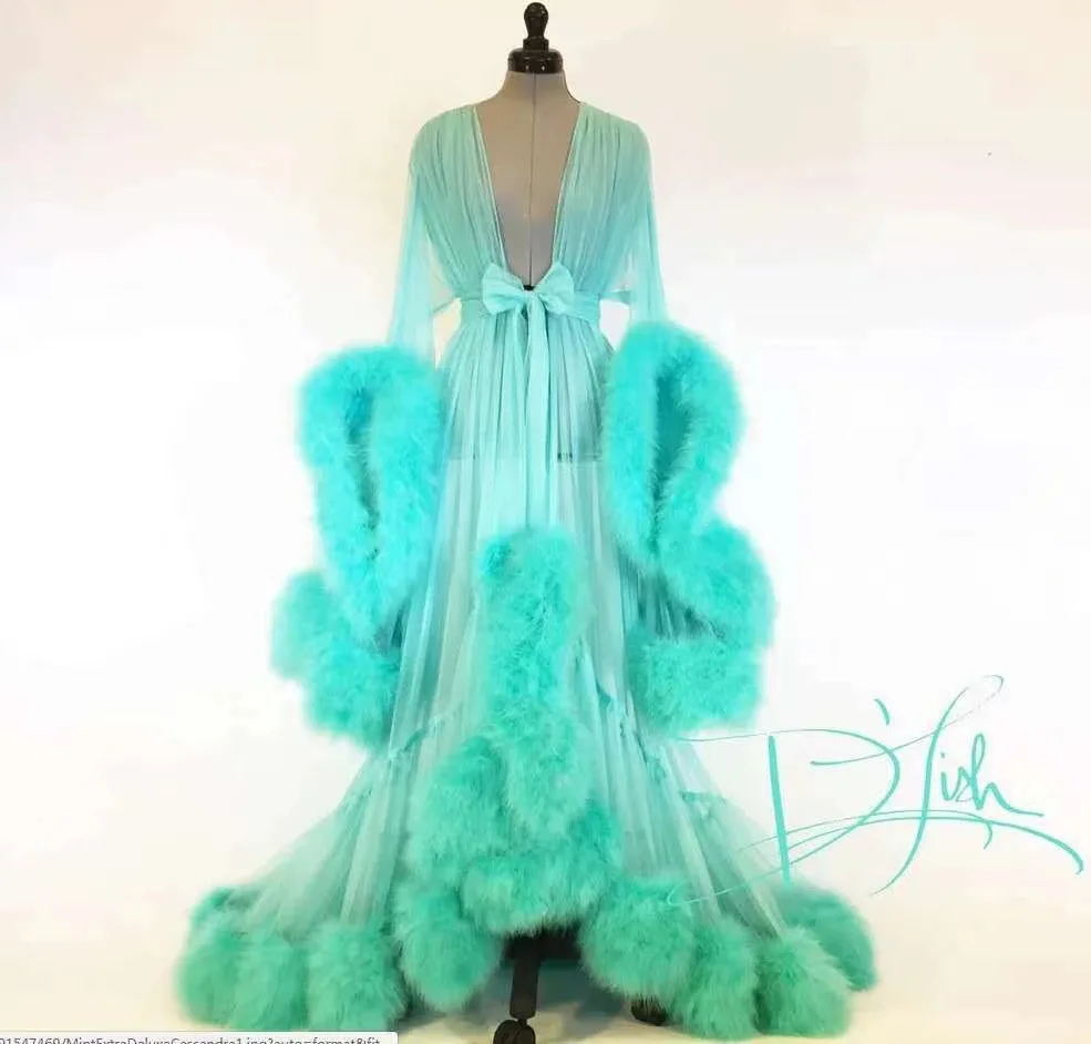 Sexy Feather Perspective Flared Sleeve Trailing Long Dress with Multiple Colors Available Mesh Women's Loose Pregnant Dress