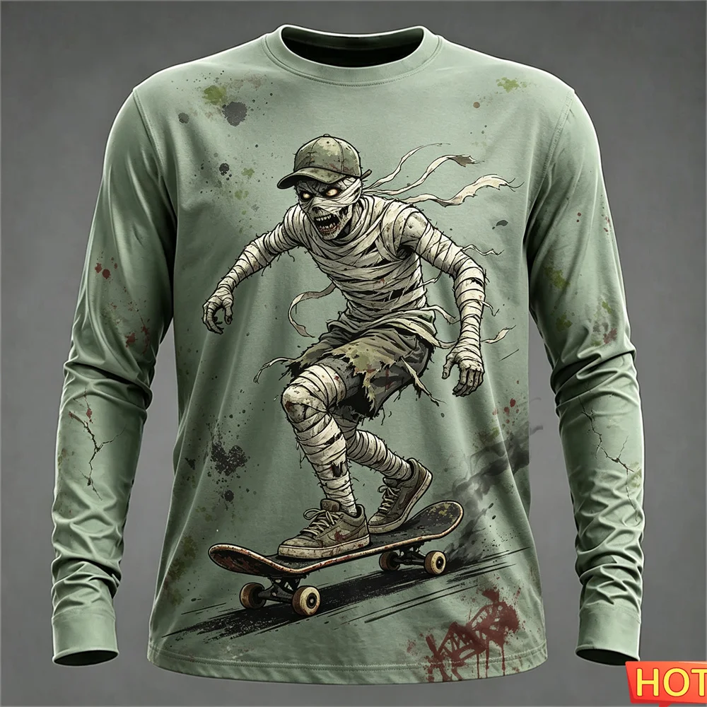 Autumn winter Men's Long sleeved T-shirts Halloween Funny Mummy Street T-shirt top Cotton Graphic Halloween Gift T-shirt for men