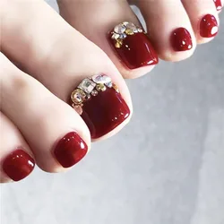 24Pcs Red Rhinestone Fake Toenails Square Head Short Length False Toe Nails Detachable Full Cover Press on Nails Foot Nail Tips