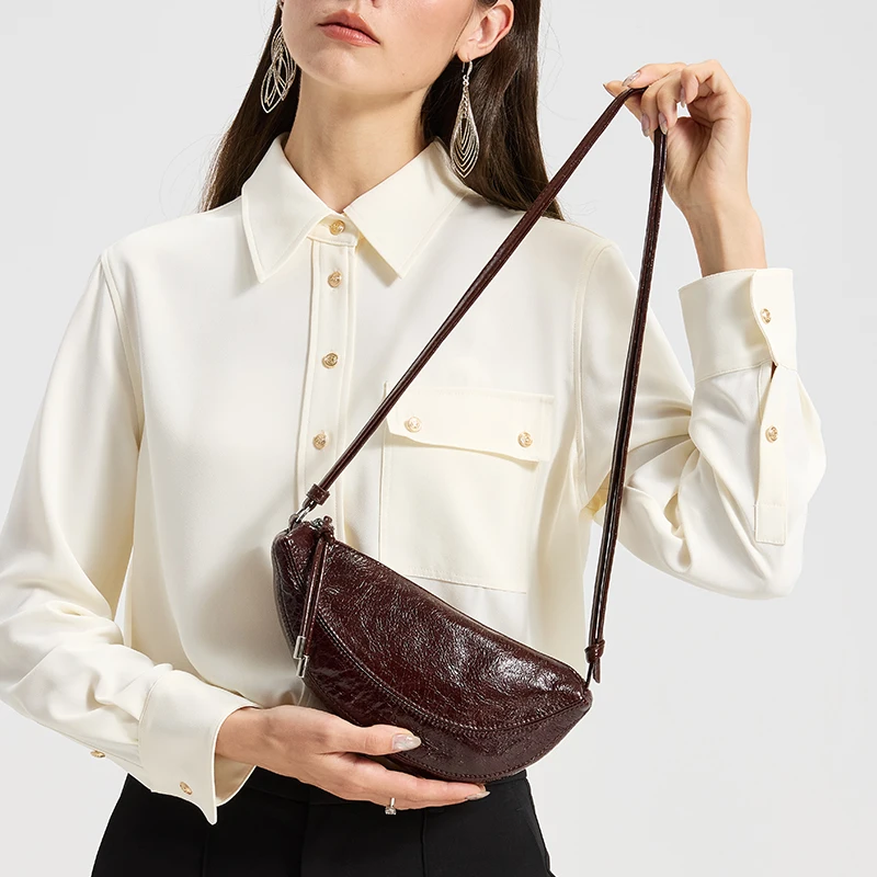 Genuine Cowhide Women Sling Crossbody Bag Oil Wax Real Leather Chest Bag Half Moon Shoulder Fanny Pack Ladies Daily Street Purse