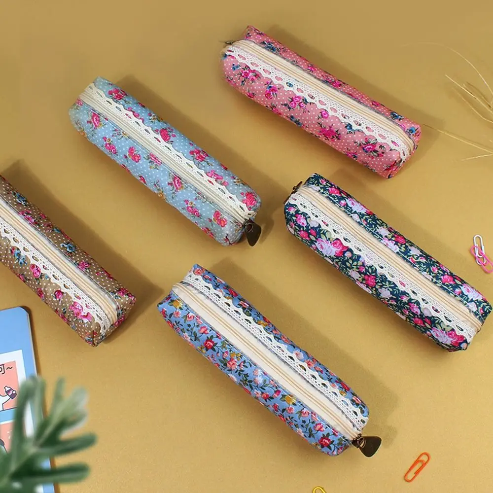School Supplies Canvas Small Flower Pencil Case Large Capacity Soft Cosmetic Bag Student Stationery Washable Storage Bag